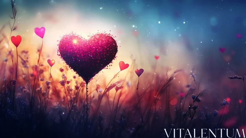 Glowing Hearts in Dreamlike Meadow Landscape.