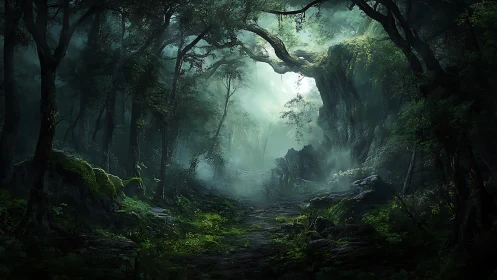 Enchanted Forest Path Glowing Through Ancient Trees