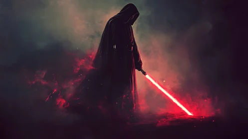 Dark hooded warrior ignites crimson laser blade amidst smoke.