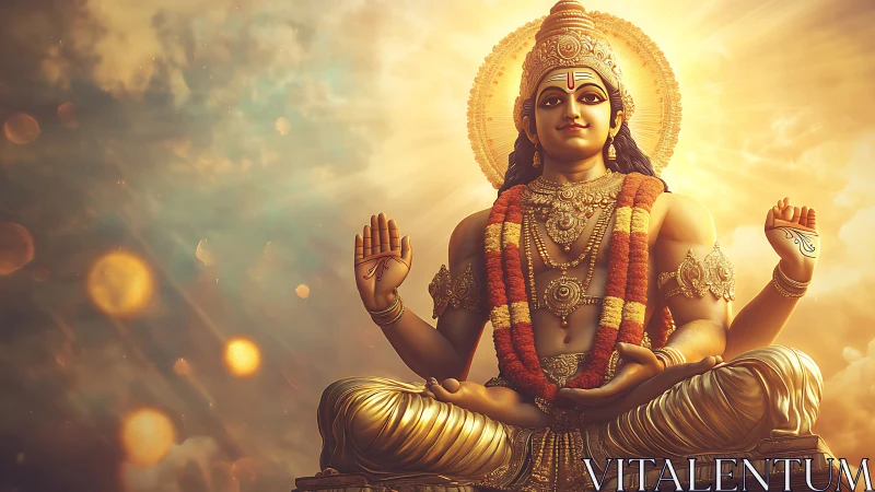 Seated Hindu deity statue with garlands and golden halo.