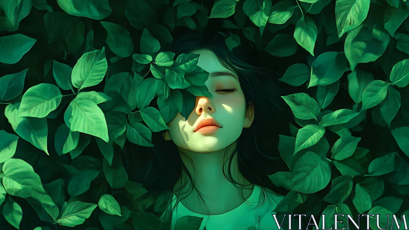 Dreaming girl immersed in luminous emerald foliage.