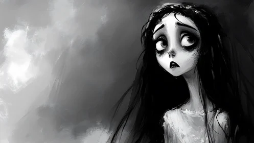 Haunted-eyed girl in monochrome storm of brushstrokes.