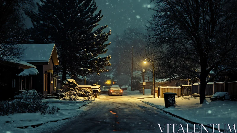 Quiet suburban street at night in falling winter snow.