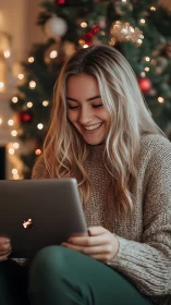 Cozy holiday glow with a laptop and twinkling tree lights.