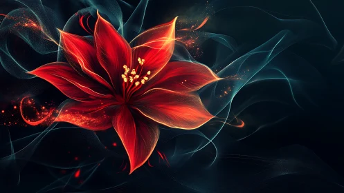 Glowing red flower on dark swirling abstract background.