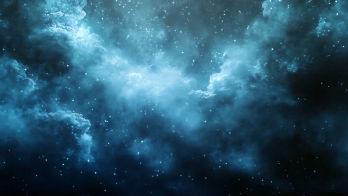 Blue cosmic nebula cloud field with glowing star dust.