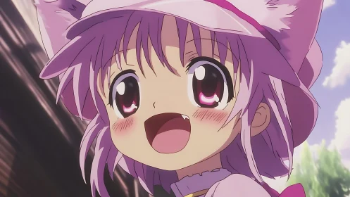 Smiling pink‑haired cat girl under soft outdoor sunlight.