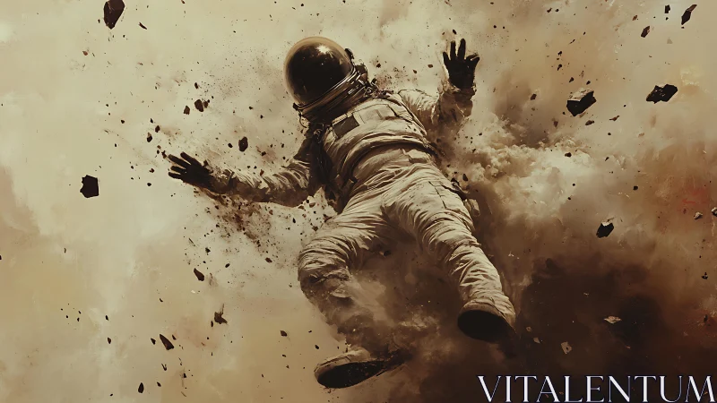 Solitary astronaut drifting through a storm of shattered dust.
