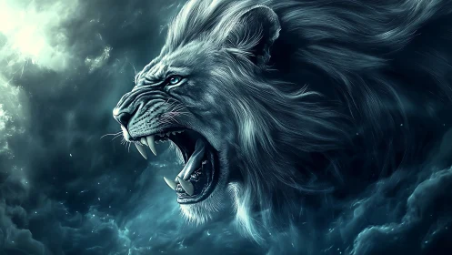 Roaring spectral lion head in stormy teal mist.