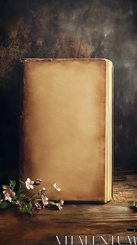 Old blank book and blossoms inviting new quiet stories.