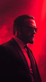 Cinematic male portrait in red backlight, suit and sunglasses
