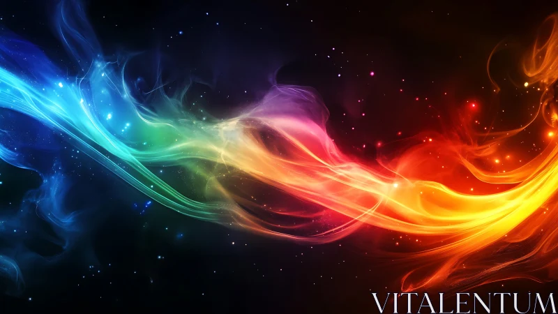 Prismatic cosmic light stream arcs through deep starfield