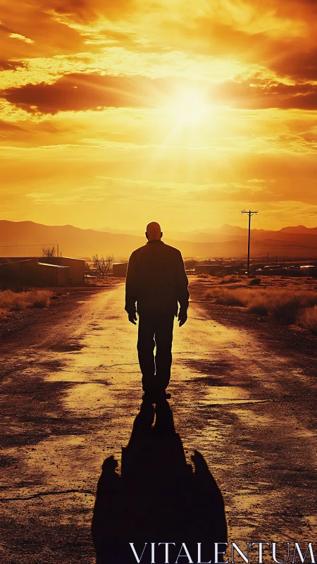 Solitary figure walking toward low sun on rural road.