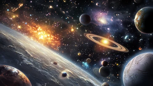 Expansive cosmic panorama with glowing ringed star system.