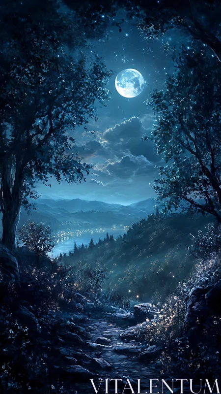Moonlit forest path overlooking a dreamy valley lake.