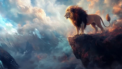 Majestic lion overlooking stormy celestial cliffs.