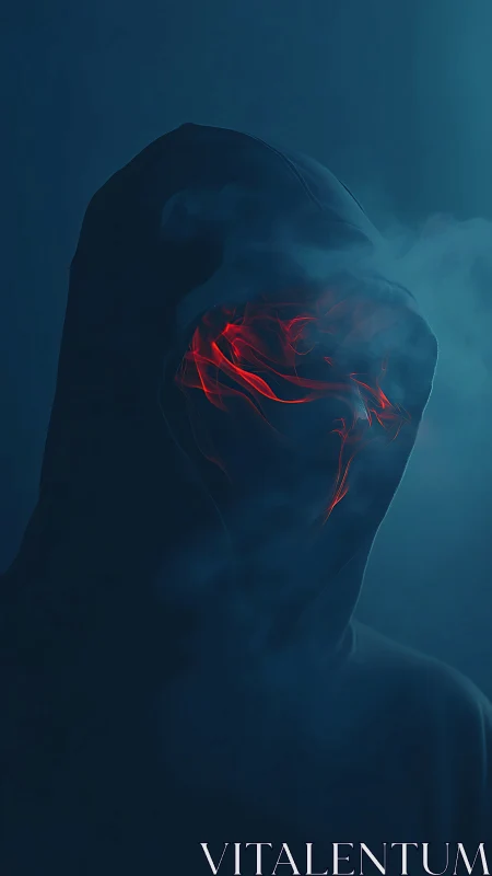 Hooded figure with red glowing smoke in dark blue fog.