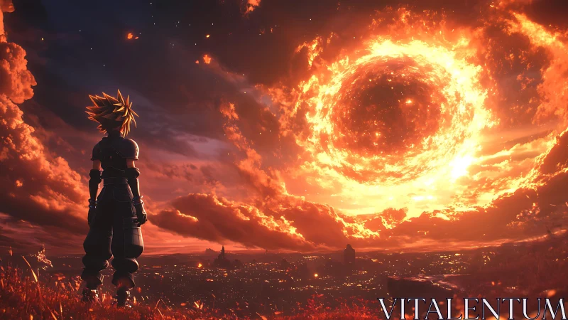 Spiky haired hero observing vast fiery sky vortex.
