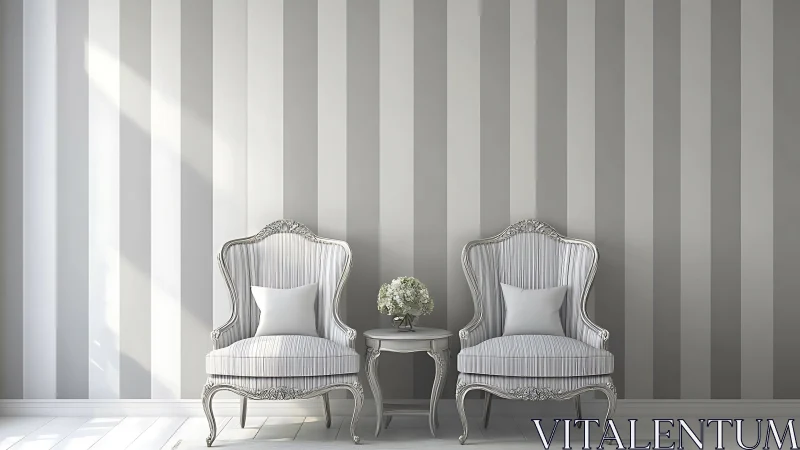 Classic white armchairs against grey striped wall decor.
