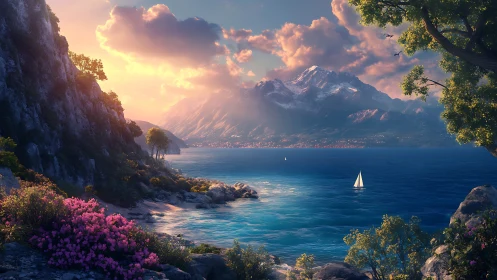 Luminous coastal panorama with alpine peaks and sailboat focus.