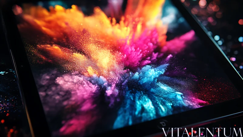 Colorful digital explosion dances across a glowing tablet screen