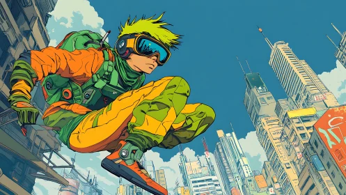 Urban rooftop jumper in stylized futuristic cityscape.