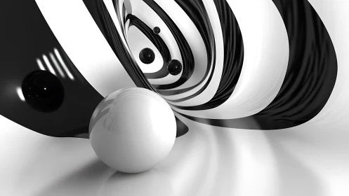 Bold monochrome spheres drift through swirling abstract waves