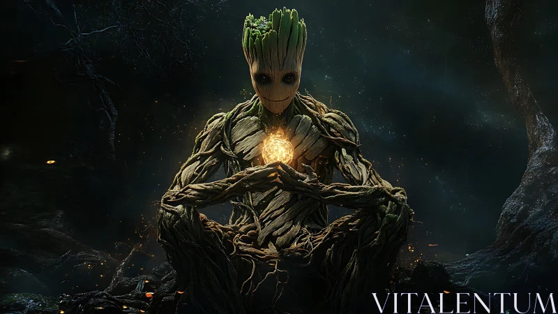 Tree-like humanoid holds glowing orb in a dark forest