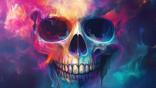 Neon cosmic skull dissolves into swirling chromatic nebula.