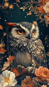 Gentle midnight owl resting among glowing golden blooms.