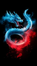 Blue serpentine dragon coils in a red particle ring field