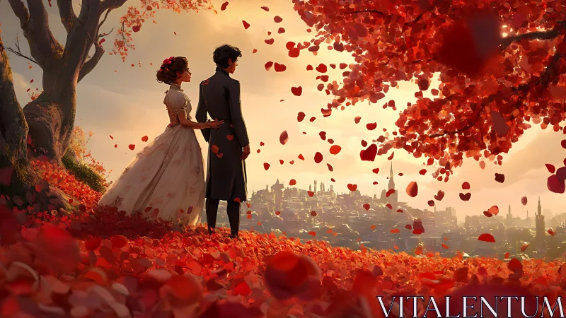 Two souls embrace beneath crimson petals raining down