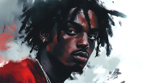 Storm-eyed portrait in crimson haze, painted with attitude.