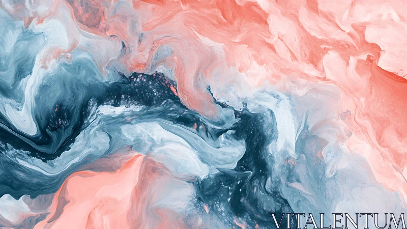 Coral and teal fluid abstraction with swirling marbled currents.