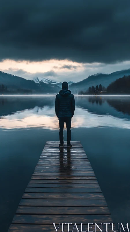 Person stands on wooden pier facing misty mountain lake