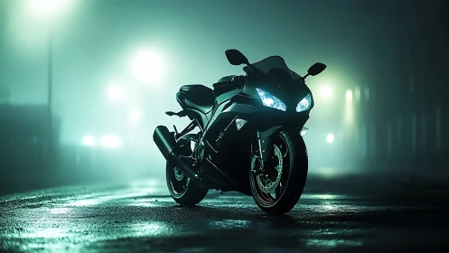 Photorealistic sportbike on wet neon street at nightfall.