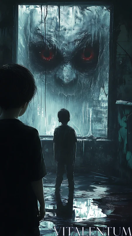 Child figures facing large spectral face at wet window.