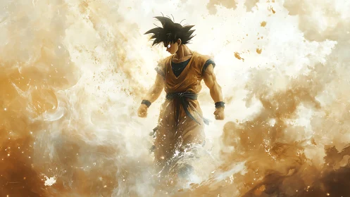 Storm of golden energy swirls around a determined warrior