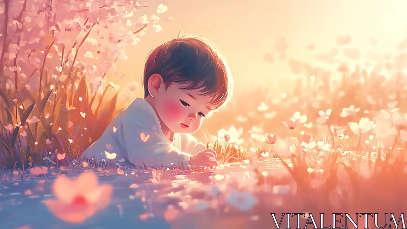 Gentle baby daydreaming in a glowing spring meadow.