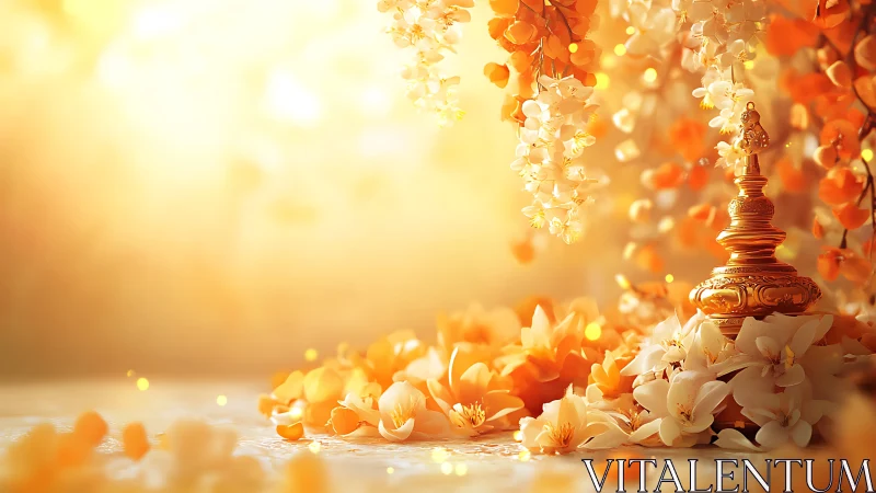 Golden ceremonial urn glows amid cascading orange blossoms