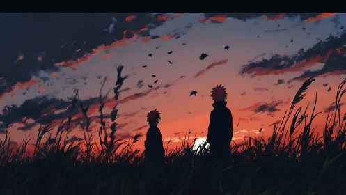 Silhouetted figures observe a vivid red dusk sky in anime style