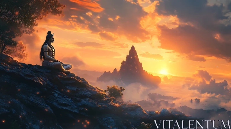 Meditating ascetic overlooks volcanic peak at radiant sunrise