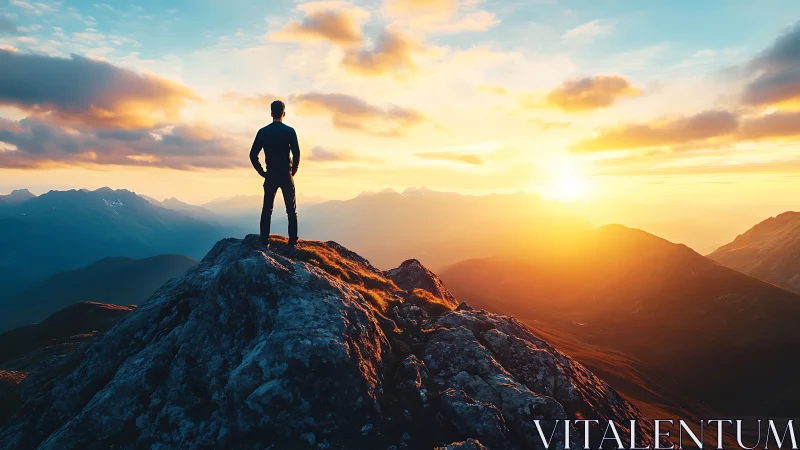 Backlit hiker stands on jagged ridge, observing layered sunset ranges