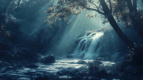 Ethereal Waterfall in Ancient Forest Gorge.
