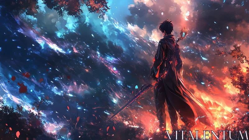 Lone mage between fire and starlit stormy sky.