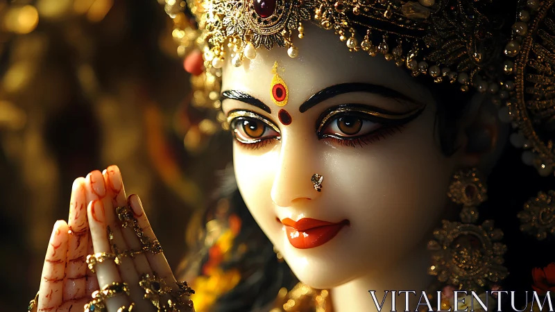 Divine goddess idol gazes serenely amid warm golden light