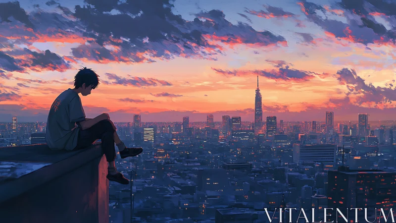 Solitary rooftop silhouette over luminant dusk megacity grid.