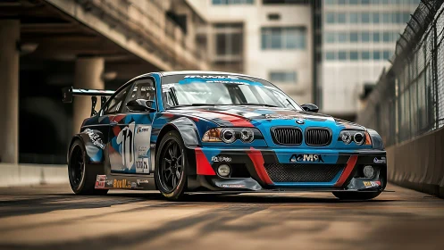 BMW race car is positioned on an urban circuit pit lane