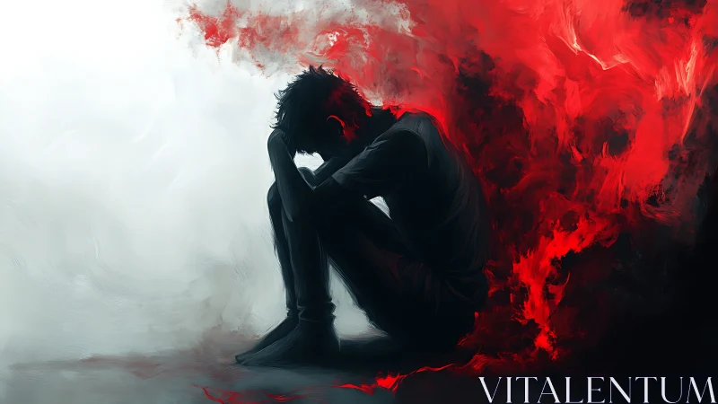 Silhouetted sorrow curls inward as red stormclouds ignite