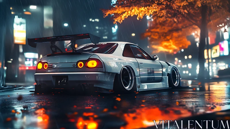 Modified white sports car sits in rainy neon city street